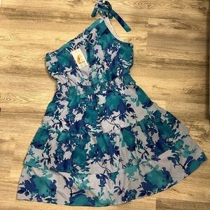 Floral One-Shoulder Dress in Blue and Teal